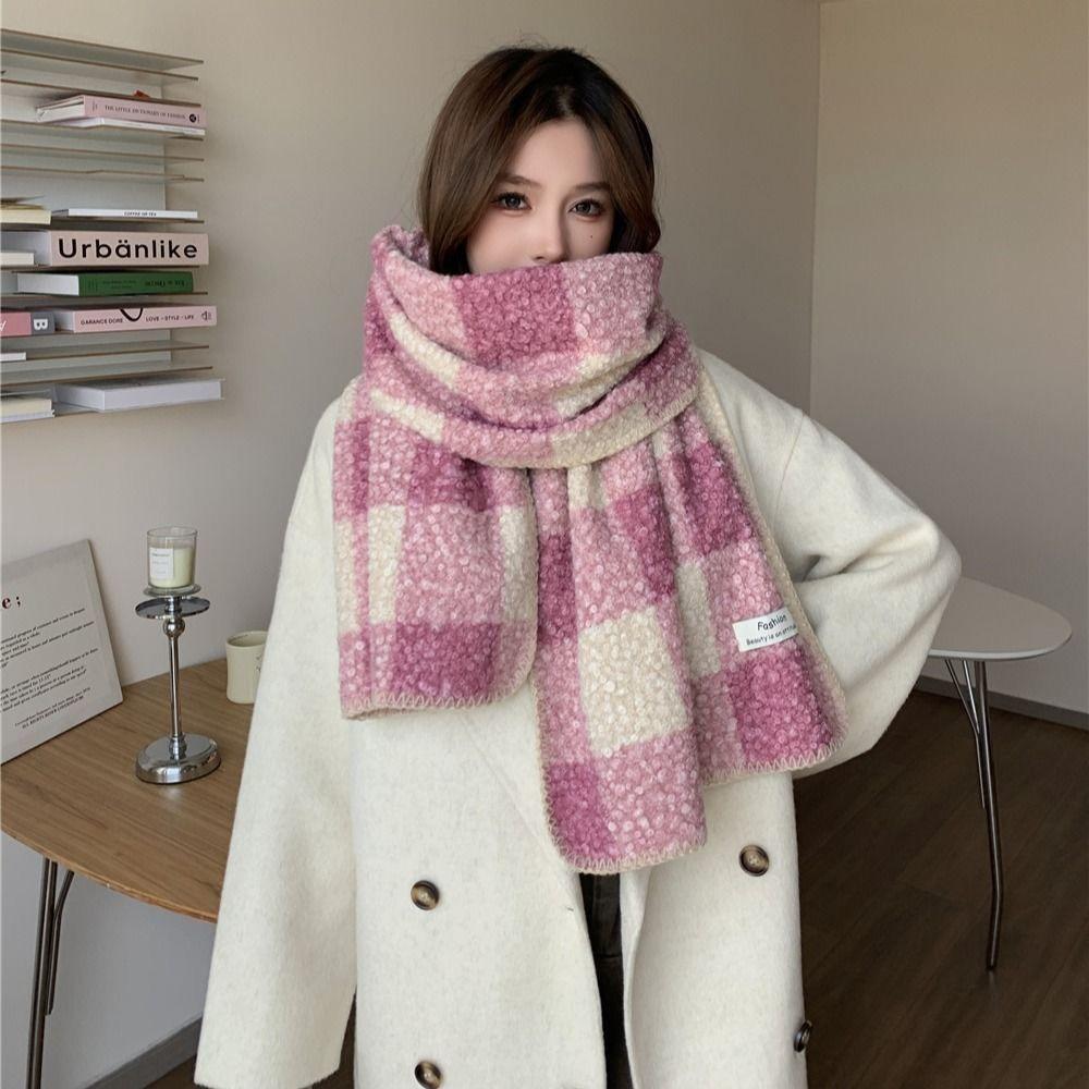 Korean Style Plaid Fleece Scarf Coldproof Winter Cashmere Shawl Elegant Curly Wool Scarf Women