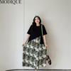 MODIQUE Summer Plus Size New Women Loose Patchwork A-Line Printing Long Dresses Elegant Lady Casual Cotton O-Neck Short Sleeve Skirt