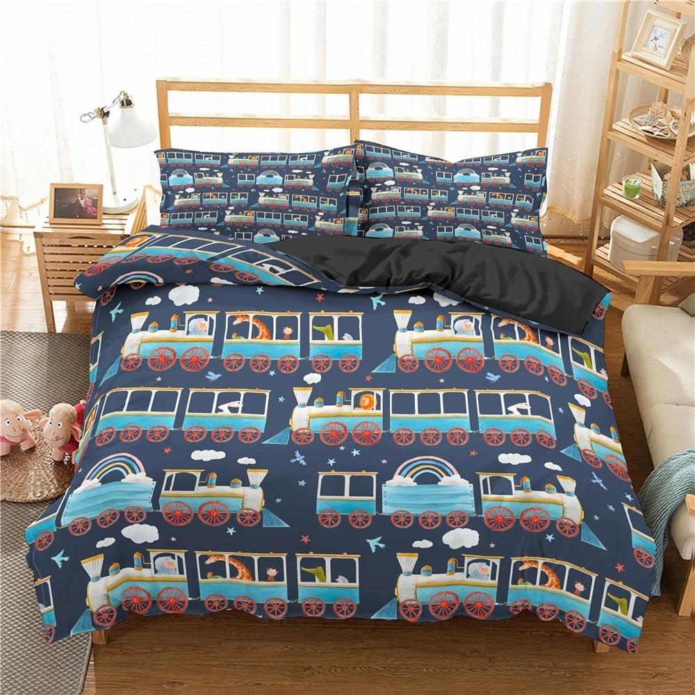 3D Printed Cartoon Train Bedding Set Toy Car Truck Duvet Cover Double Twin Full Queen King Adult Kids Bedclothes Quilt Cover
