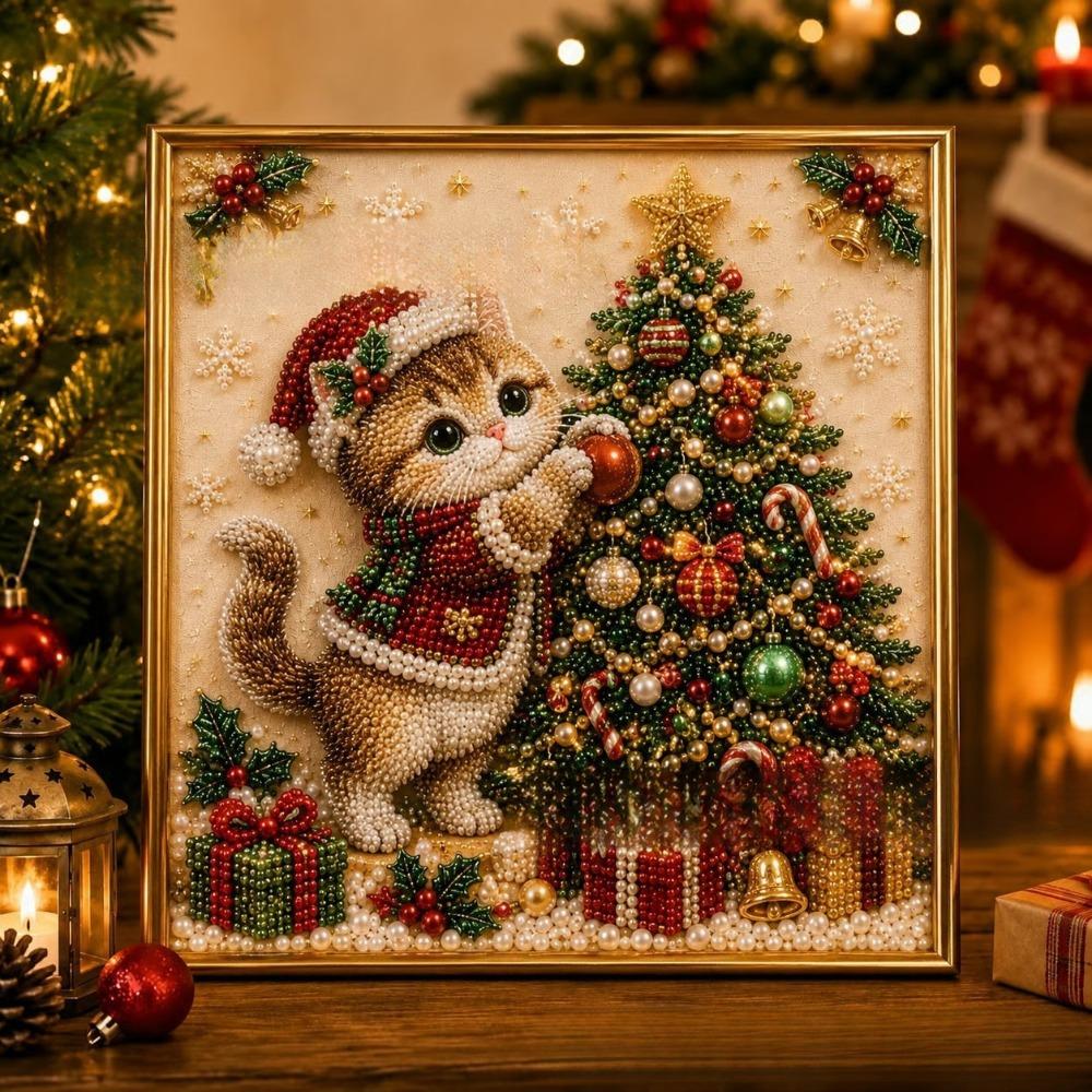1 Set DIY Christmas Kitty Art Kit 3D Pearl Effect Pearl Art Kit Christmas Craft Decoration