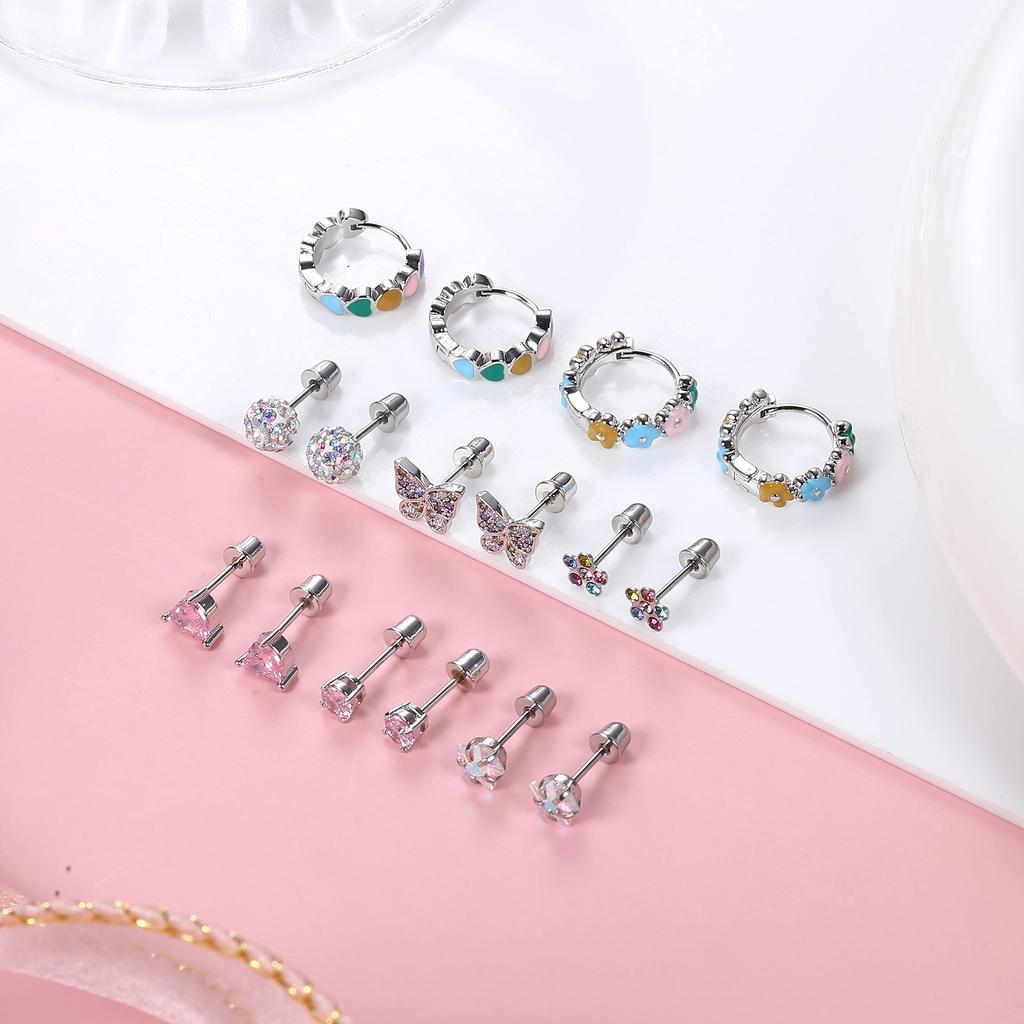 16pcs Hypo Allergy Screw Back Earrings 316L Stainless Steel Heart CZ Flower Butterfly Screw Stud Earrings Cute Hoop Earrings Set 20G for Women