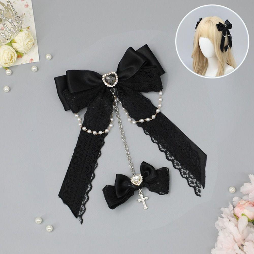 Chain Detail Lace Bow Hair Clips Rhinestone Decoration Side Barrettes Hair Clip Punk Style