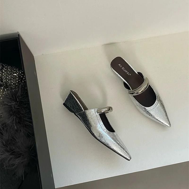 Женские шлепанцы с острым носком и металлической пряжкой, женские удобные модные босоножки на низком каблуке, дизайнерские туфли-лодочки для женщин