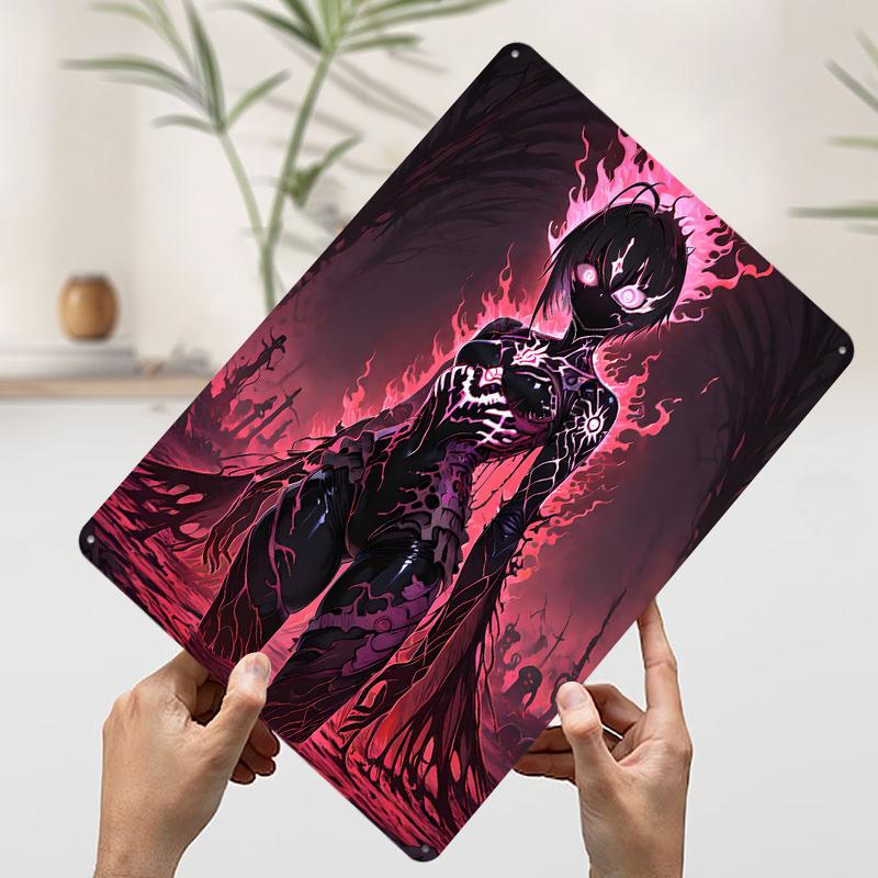 Eerie Anime Girl in Fiery Landscape Printed Poster Customized Wall Art Retro Vintage Metal Tin Signs for Living Room Decoration