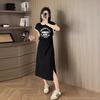 European summer dress women's ice silk thin letter printing split-ended long dress design sense short sleeves slim and thin home skirt
