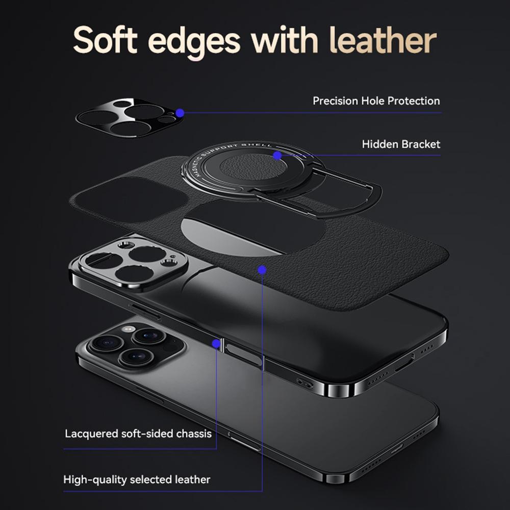 For iPhone 16 Pro Case Compatible with MagSafe Leather TPU Back Cover with Hidden Kickstand