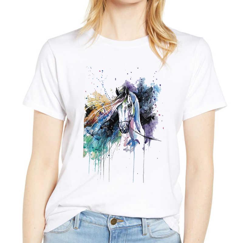Женская футболка с ярким принтом лошади, забавная футболка с коротким рукавом и милым принтом, повседневная женская футболка, одежда 90-х, графическая женская футболка