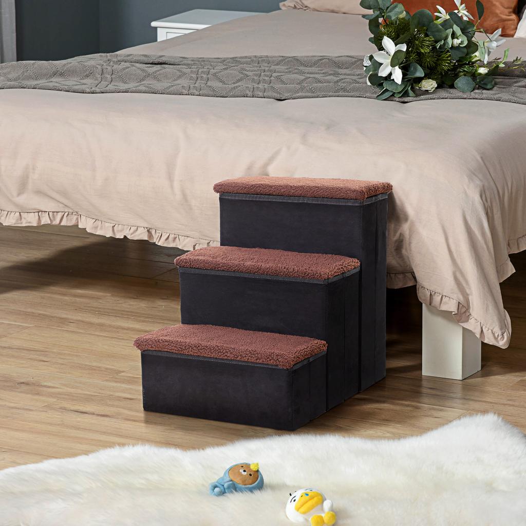 Pet Stairs Washable Fleece Faux Suede Cover 3 Step Dog Cat Foldable Portable Mobility Assistance 41 x 19cm Black