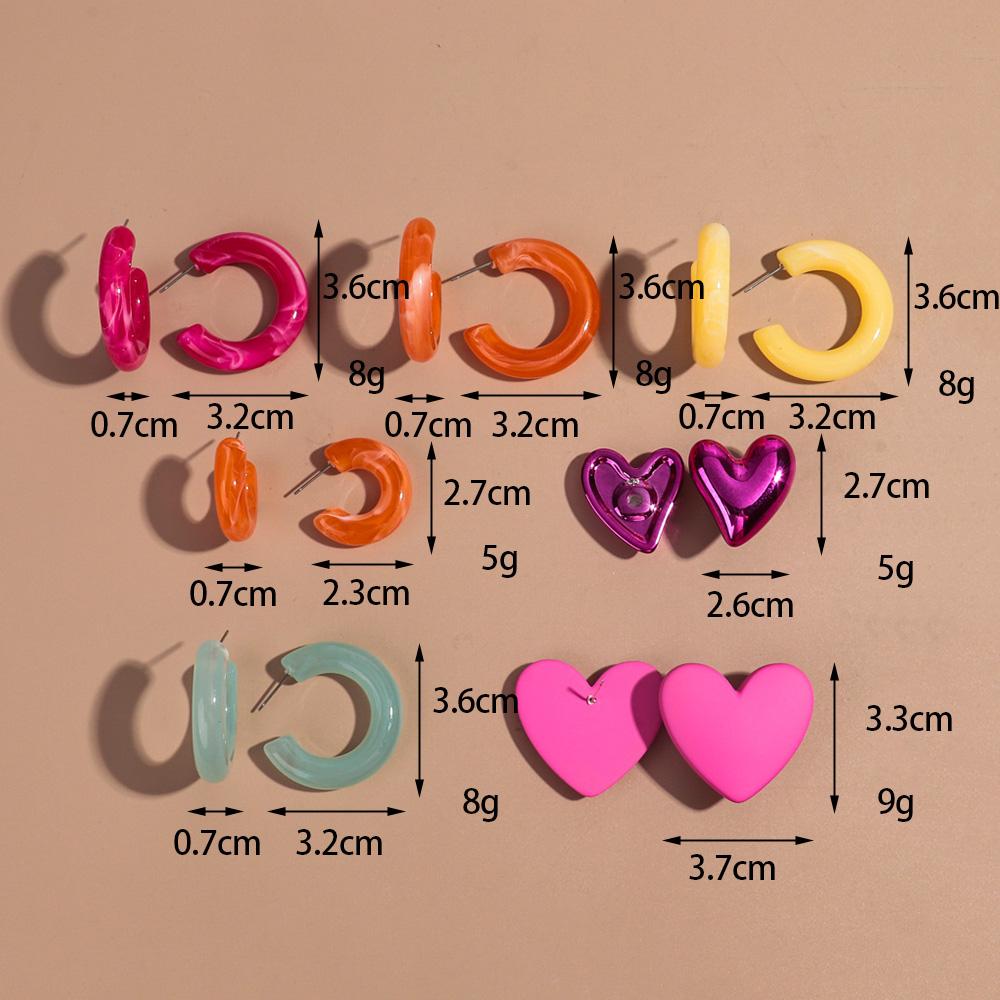 New Korean 7pair Colorful Circle Acrylic Hoop Earring for Women Vintage Geometric Heart Stud Earrings Statement Jewelry Set Gift