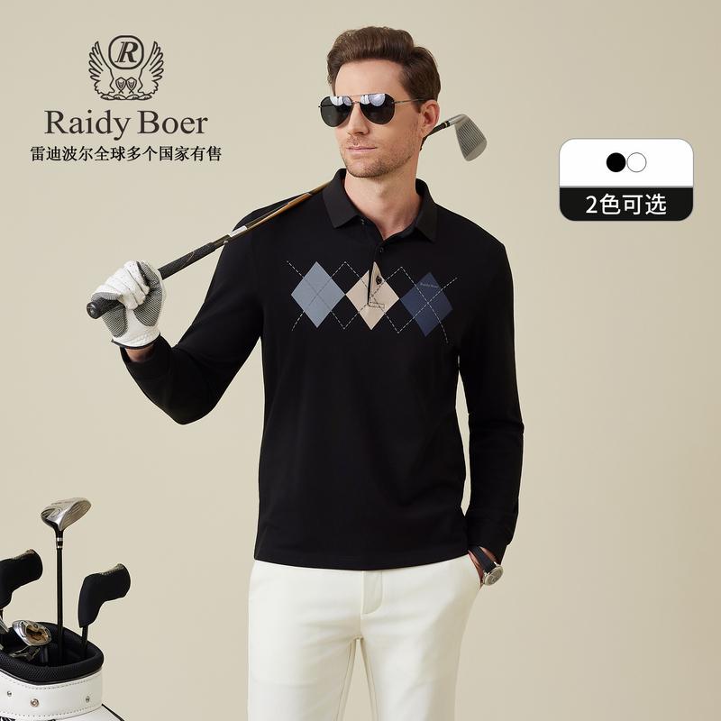 Elastic Cotton Men's Diamond Grid Long-Sleeved T-Shirt Polo Shirt
