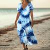 Fashion Women's Summer V-neck Short Sleeve Tie- Retro Print Beach Dress