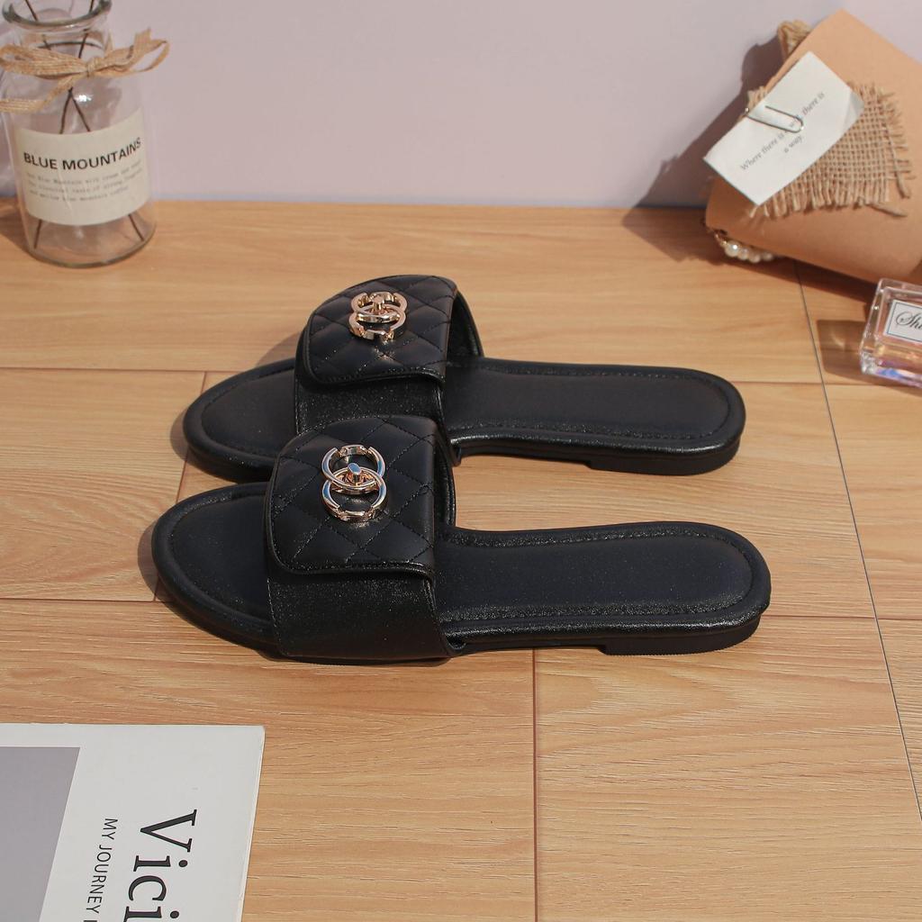 Summer New Flat-bottomed Slippers for Women's Outer Wear, High-end Temperament, One-word Slippers for Women's Versatile McGonagall Quality Women'