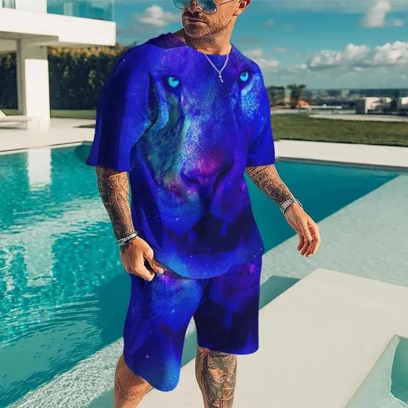Мужская крутая футболка с принтом льва и тигра, комплект из футболки и шорт в стиле кэжуал, летняя новая модная уличная одежда высокого качества
