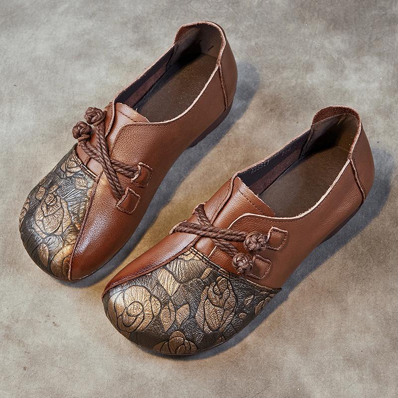 Johnature Туфли из натуральной кожи на мягкой подошве в этническом стиле, женские туфли без шнуровки на плоской подошве с круглым носком и принтом в стиле ретро