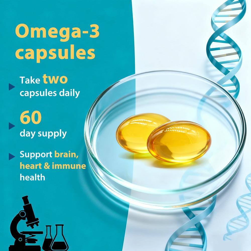 Pure, high-concentration Omega-3 fish oil, beneficial for heart, brain, and immune system health, 120 capsules.
