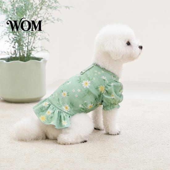 Loose Fit Pet Clothes Green Dog Princess Dress, Floral Ruffled Puff Sleeve Cute Easy to Wear Dress Girl Puppy for Small Dogs Summer Female Outfit