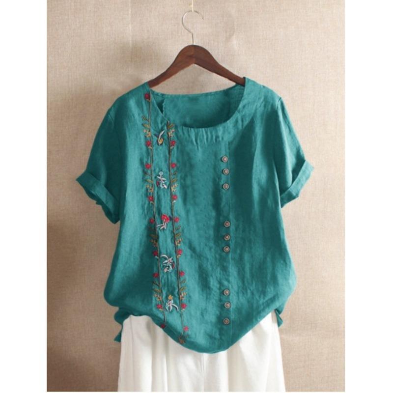 Футболка из хлопка и пеньки с вышивкой, с круглым вырезом и коротким рукавом, свободный универсальный топ, летние футболки для женщин