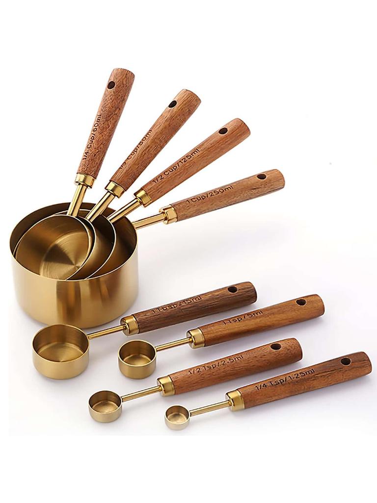 Leeseph 8 Piece Coffee Gold Measuring Cups Set and Measuring Spoons, Wood Handle Measuring Cups, Coffee Spoon Measuring Tools