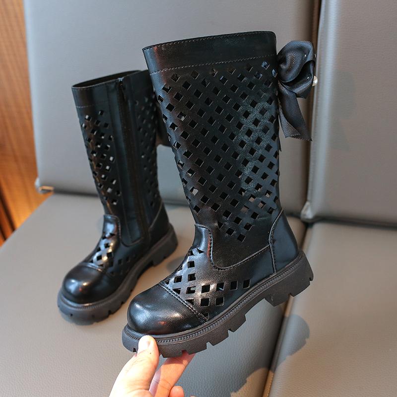 Детские полые сапоги для девочек, летние высокие сапоги, модные детские сапоги для принцессы с узлом-бабочкой, нескользящие, британский стиль