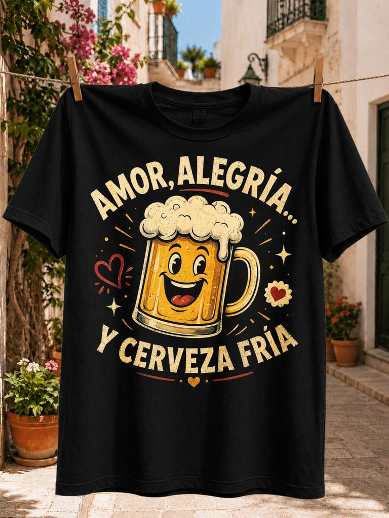 Love Joy And Cold Beer Graphic Happy Retro Beer Glasshearts Flowers And Sparkles Warm Spanish Unisex All Tshirt