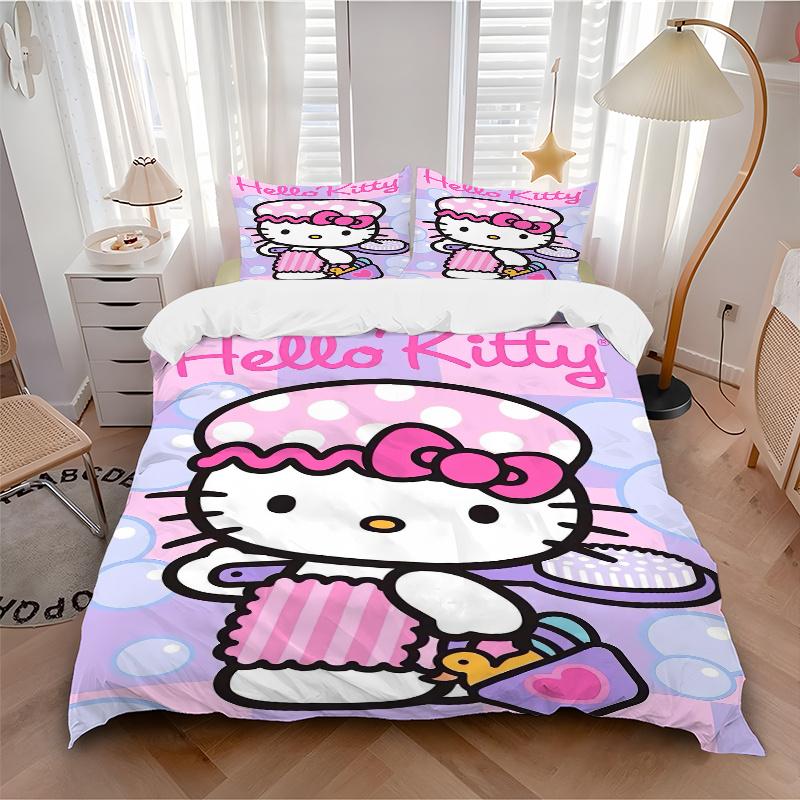 3 шт. Набор чехлов для кровати с принтом Hello Kitty, ультрамягкий, дышащий и удобный, стильный дизайн для спальни и гостевой комнаты 1 чехол