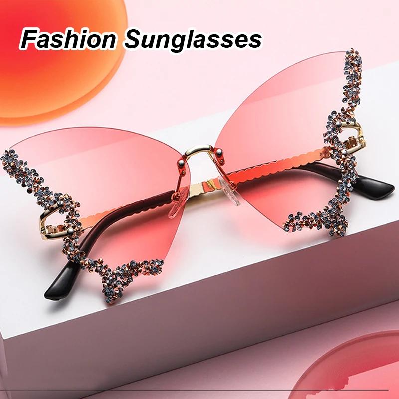 New Luxury Rimless Anti Blue Light Butterfly Sunglasses Ladies Fashion Unique Outdoor Eye Protection Eyewear Diamond Goggles