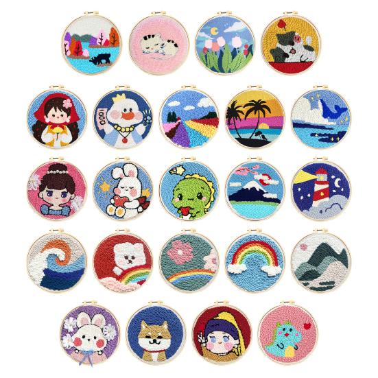 DIY Punch Stitch Kit for Beginners Cartoon Pattern with Punch Needle Hoop Punch Stitch Starter Craft Set for Adults Children