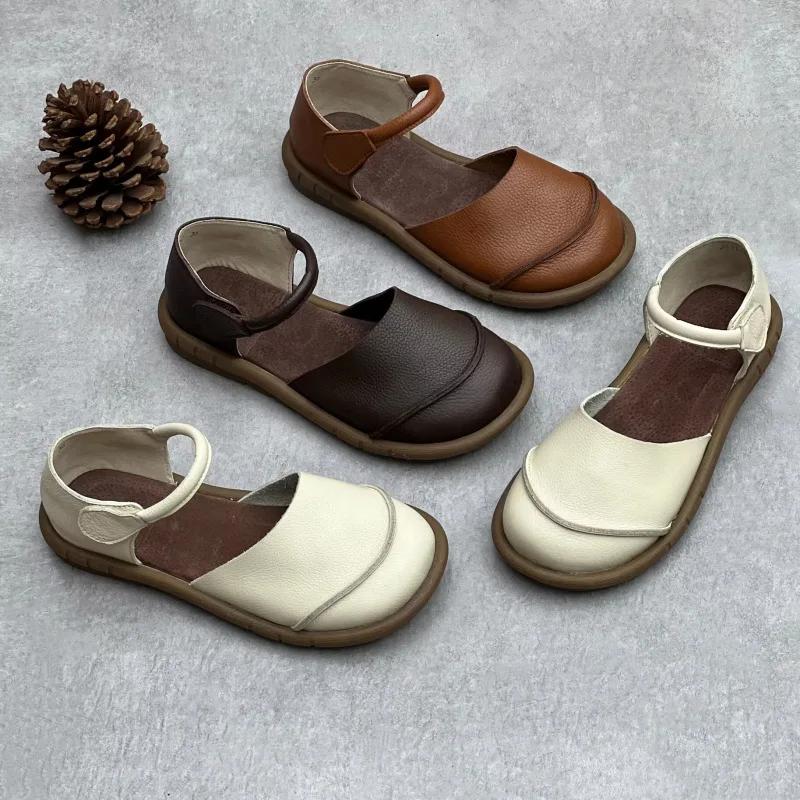 Летние туфли на плоской подошве из коровьей кожи, женские ретро-туфли, кожаные мягкие женские сандалии, обувь для пожилых людей