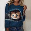 Tops For Spring&Autumn 3D Cute Cat Print Round Neck Long Sleeve T-shirt Fall Casual Slim Pullover Women's Long Sleeve Top