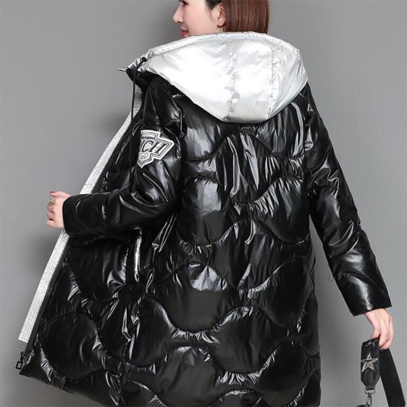 Женское зимнее корейское свободное стеганое пальто, теплая куртка-парка с воротником-стойкой, женская глянцевая куртка средней длины