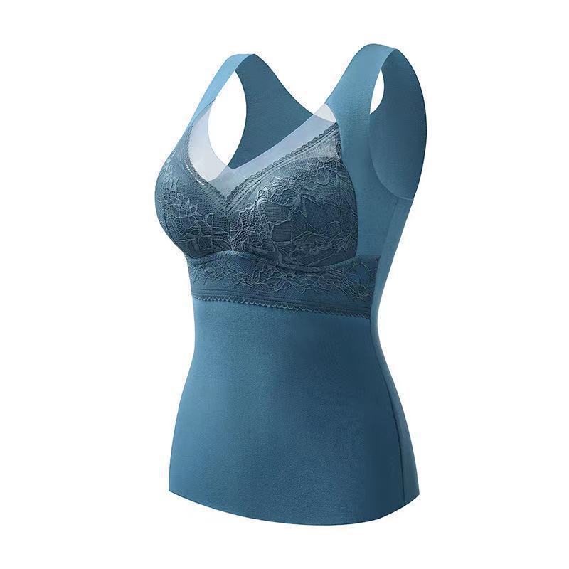 Women's Autumn and Winter Lace Velvet Thermal Vest Women's Embroidered Fixed One-Cup Slim Bottoming Thickened Thermal Underwear