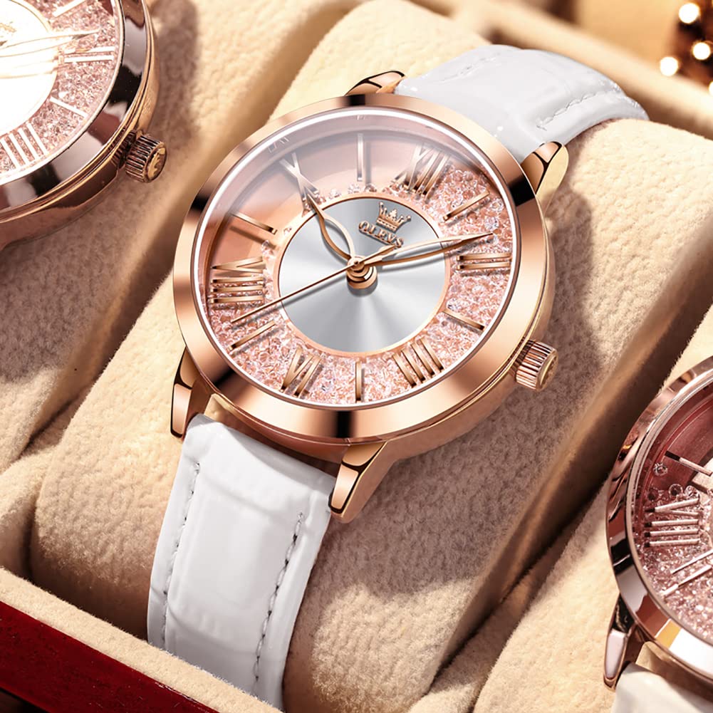 OLEVS Watch Rose Gold Dial with Quicksand Quartz White Women's - Popular, Cute, Sparkling, Diamonds, Movement, Waterproof, Luminous, Gift,