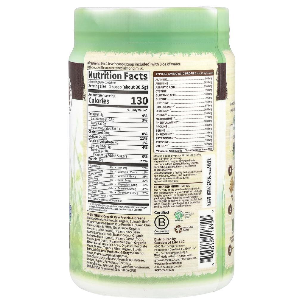 Garden of Life RAW Protein & Vegetables, Organic Plant-Based Formula, Chocolate Cacao, 21.51 Oz (610 G)