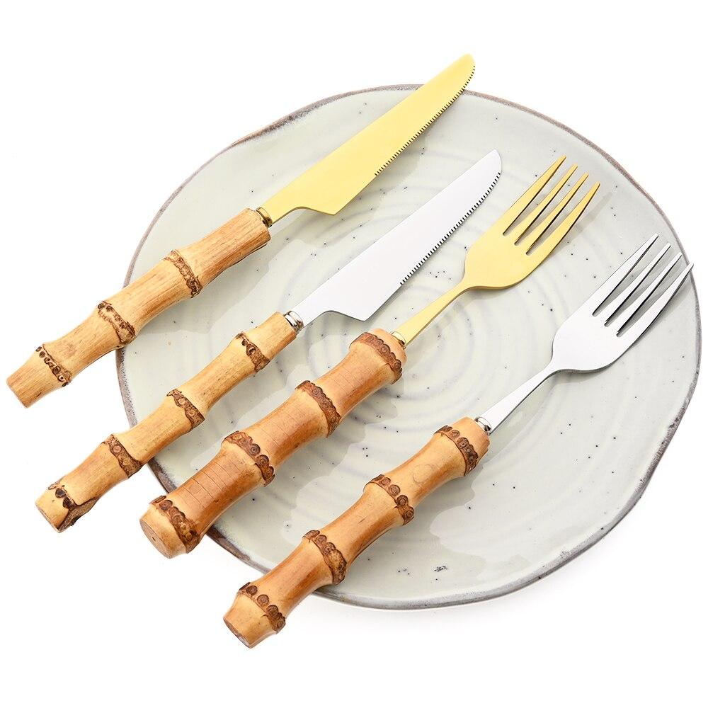4 шт., набор столовых приборов с бамбуковой ручкой, набор посуды из нержавеющей стали, нож для стейка, вилка, кофейная чайная ложка, столовые приборы, кухонный набор посуды