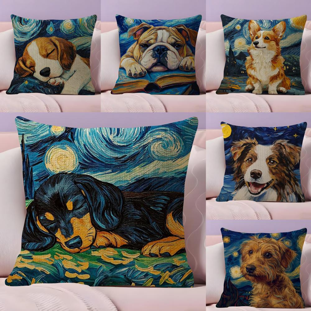 Catoon Starry Sky Dog Cushion Cover Natural Linen Organic Fabric DoubleSided Printing Sofa Home Decor Breathable Bed Pillow