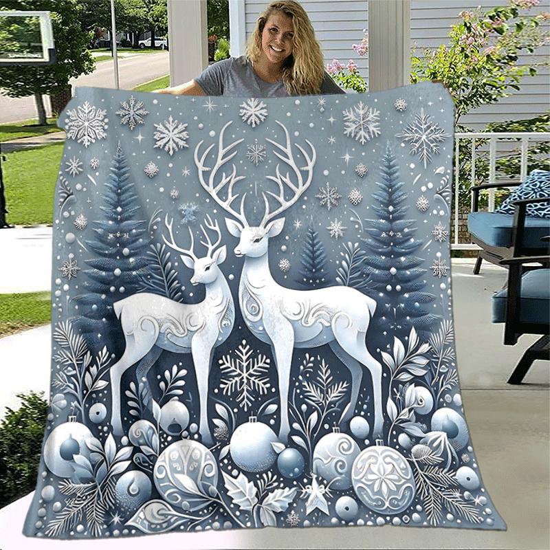 1pc Deer Printing Lightweight Flannel Blanket, Comfortable and Warm Blanket, for Camping Sofa Bed and Couch Office, Suitable for Gift Blanket