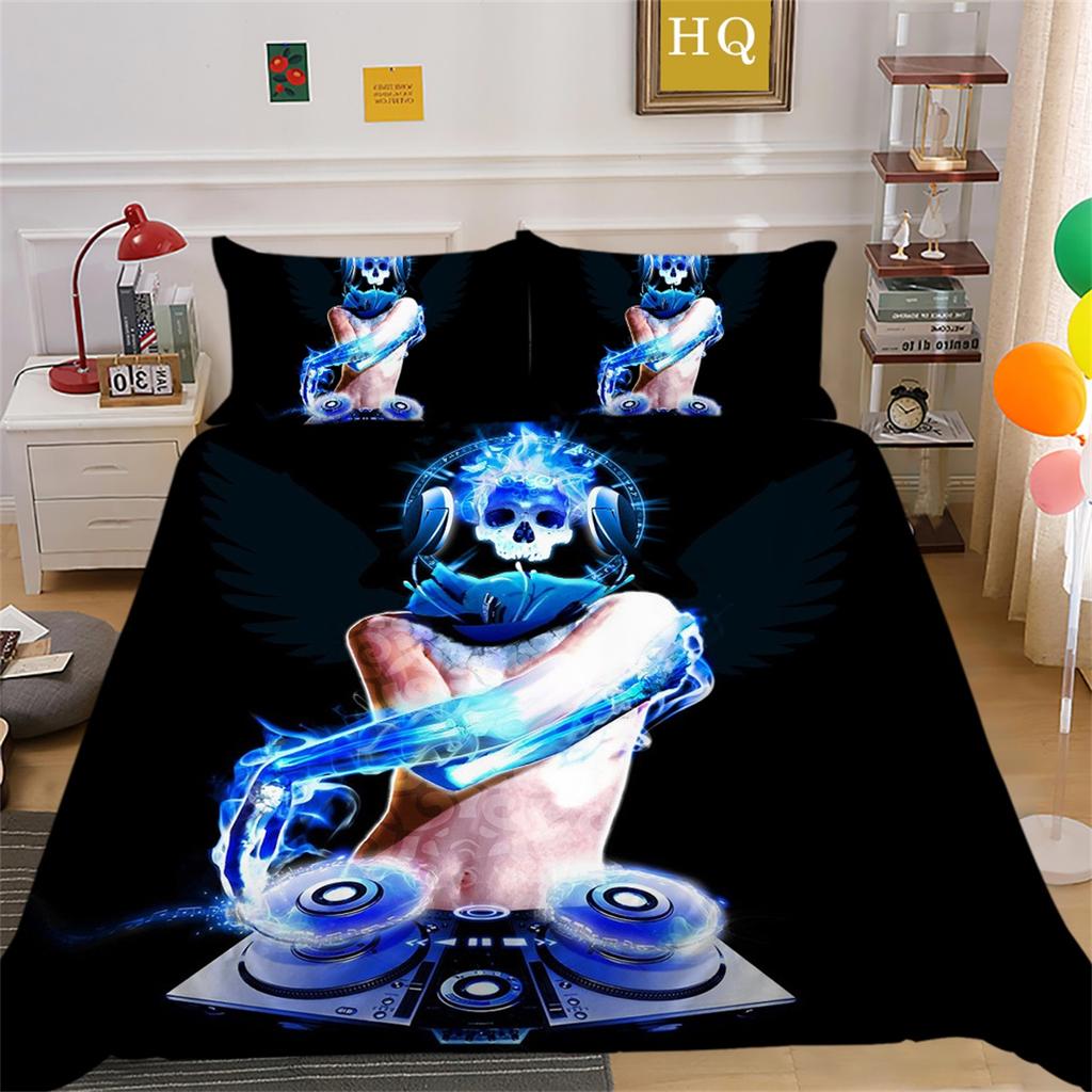3D Horror Patterned Printed Bedding Set with Skull Head Pattern Down Duvet and Pillowcase 2/3 Pieces Halloween Festive Atmosphere Home Decoration