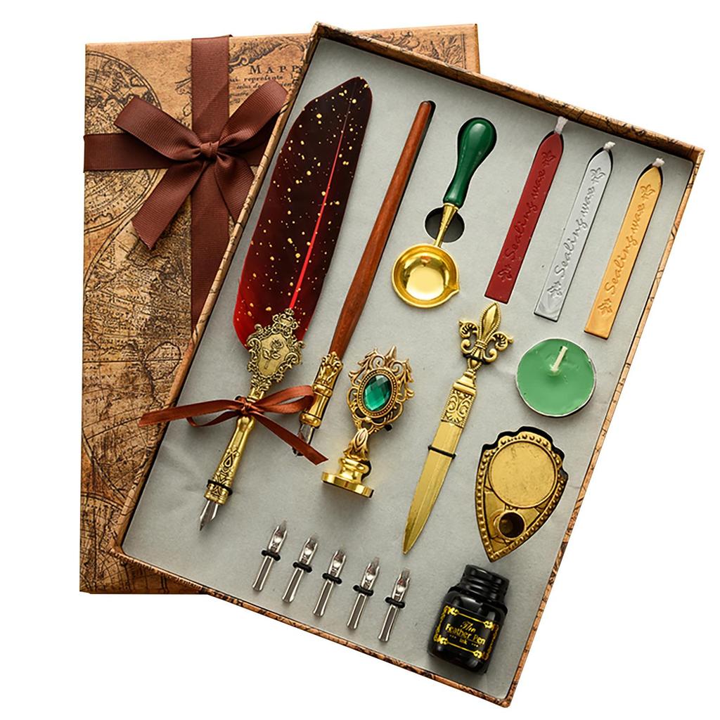 British Style Gold Splatter Feather Pen Set with Custom Logo - Ink Dipping Set, Birthday Gift