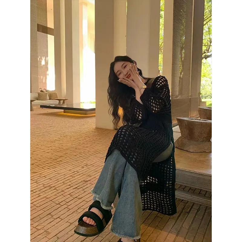 Летние платья-халатки осенние женские вязаные свитера платье женские ажурные сетчатые пуловеры прозрачные свободные топы с длинным рукавом