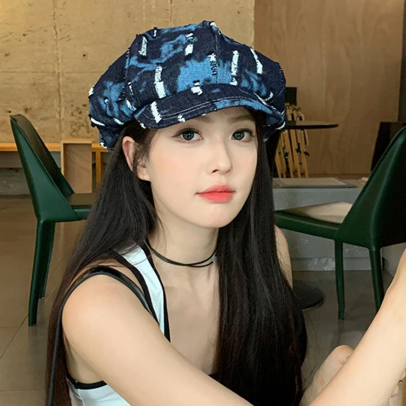 Ins Korean Washed Denim Octagonal Hats for Women Summer Autumn Casual Versatile Show Face Small Retro Hole Design Cloud Berets