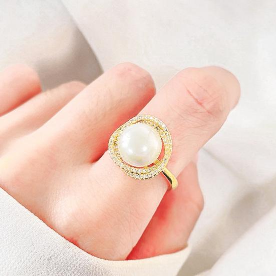 Crossed Bling Rhinestone Elegant Open Adjustable High Gloss Faux Pearl Finger Ring Jewelry