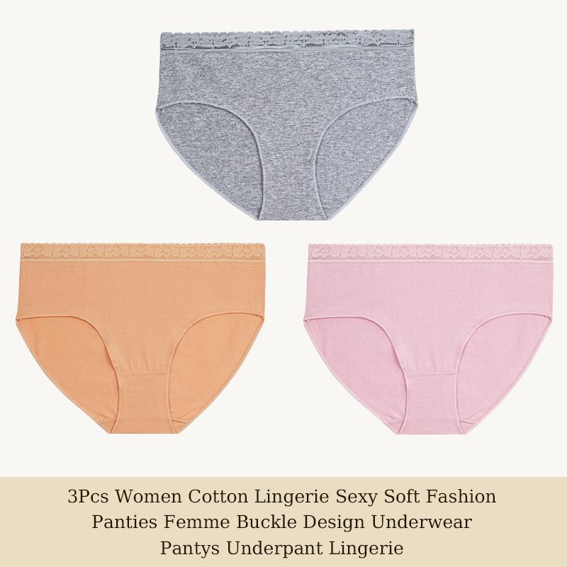 3 шт. Женское хлопковое нижнее белье Сексуальные мягкие модные трусики Femme Дизайн с пряжкой Трусы Нижнее белье Кружевное интимное белье S-XL