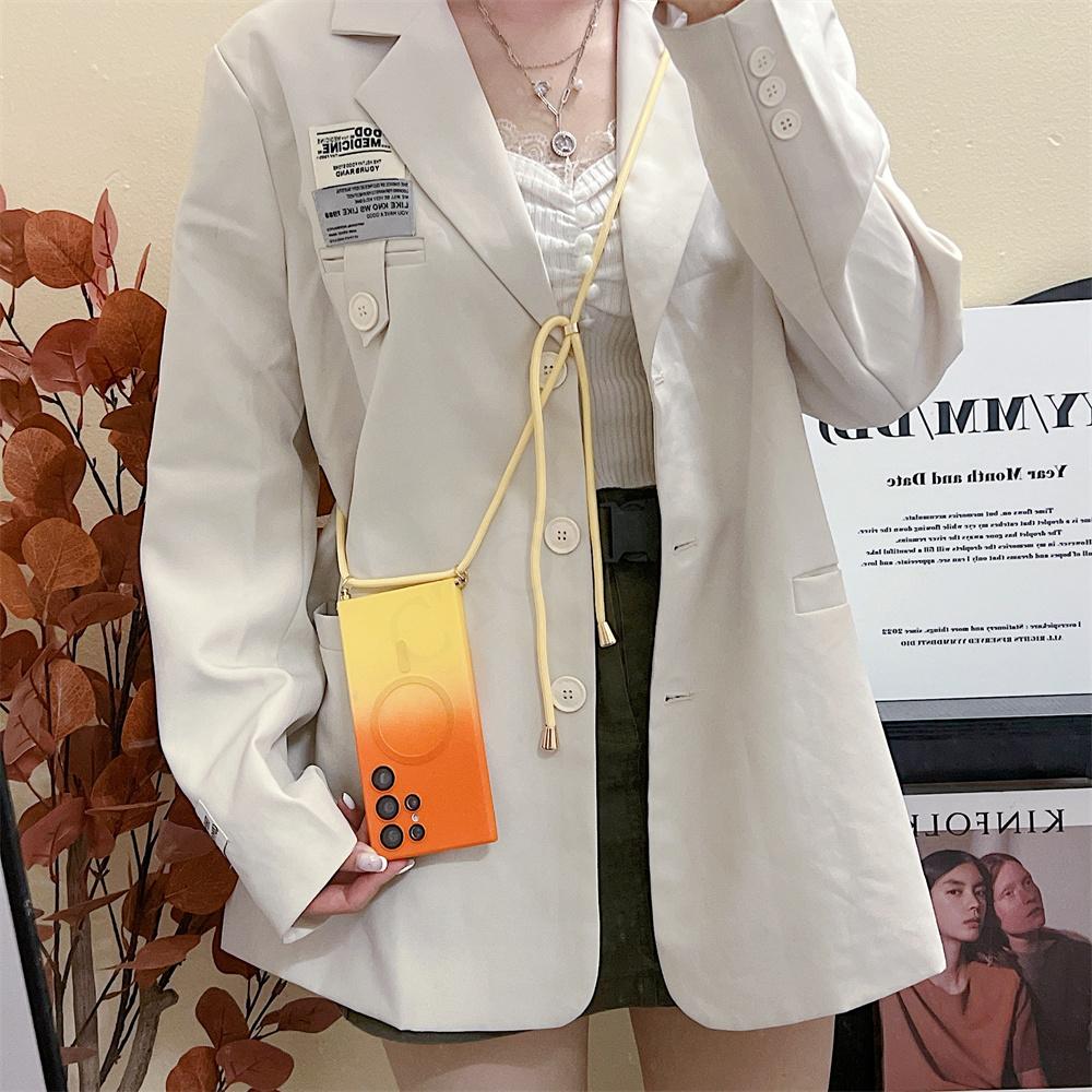 Ремешок через плечо, чехол Magsafe для Samsung S24 S23 S22 Ultra/iphone 15 14 13 12 11 Pro Max, градиентный матовый силиконовый чехол с беспроводной зарядкой, задняя крышка