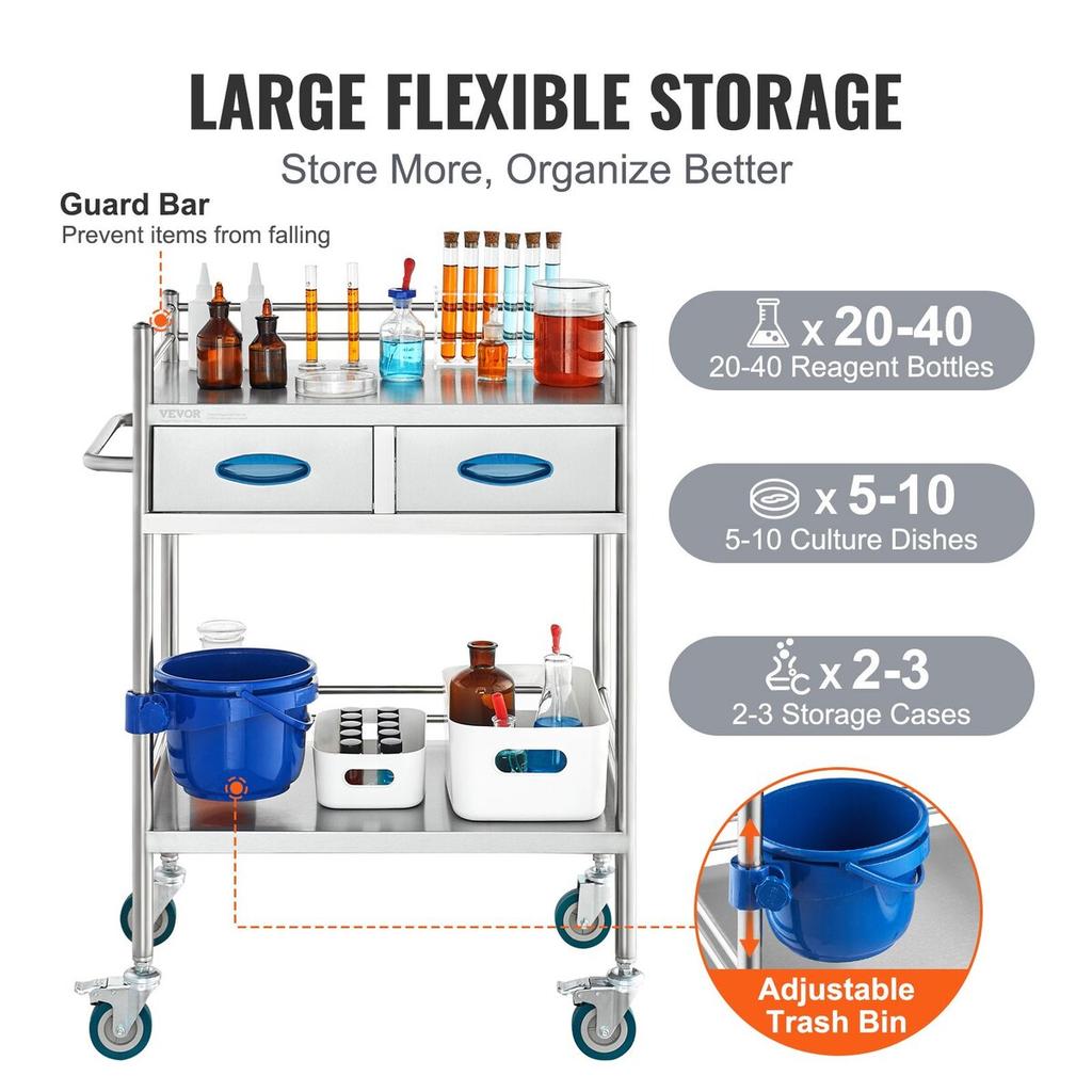 Lab Serving Cart, 2 Layers Stainless Steel Utility Rolling Cart, Medical Cart with Two Drawers, Dental Utility Cart with Lockable Wheels and A Bucket,