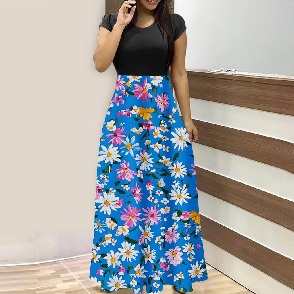 Женская мода повседневные свободные принтованные платья с круглым вырезом и коротким рукавом длинные платья с коротким рукавом длинные платья