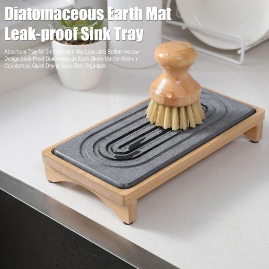 Диатомитовая бамбуковая подставка для раковины, быстросохнущая каменная мыльница для ванной комнаты, столешницы кухни, водопоглощающий, нескользящий органайзер для губки