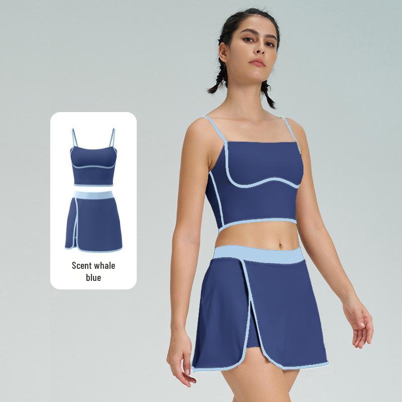 Женский стройнящий теннисный костюм контрастных цветов, быстросохнущий жилет для йоги и фитнеса со юбкой, с чашечками, комплект из двух предметов спортивной одежды.