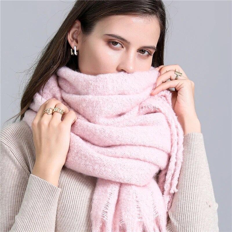 Winter Scarf Women Luxury Mohair Scarf Cashmere Warm Pashmina Solid Female Scarves Wraps Thick Soft Bufanda Big Tassels Shawl Long Stole Scarf
