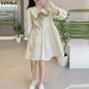 Women Casual Stitching Turn Down Collar Long Sleeve Loose Pleated Dress