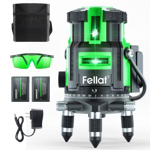 FELLAT Laser Level, 5-Line Green Laser, 4-Direction Large Square Line Projection Model, Laser Level with Auto-Correction, Rotating Laser Lines, 4 Vert